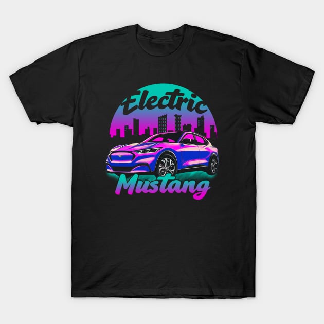 Pink Retro Electric Mustang Cityscape T-Shirt by zealology